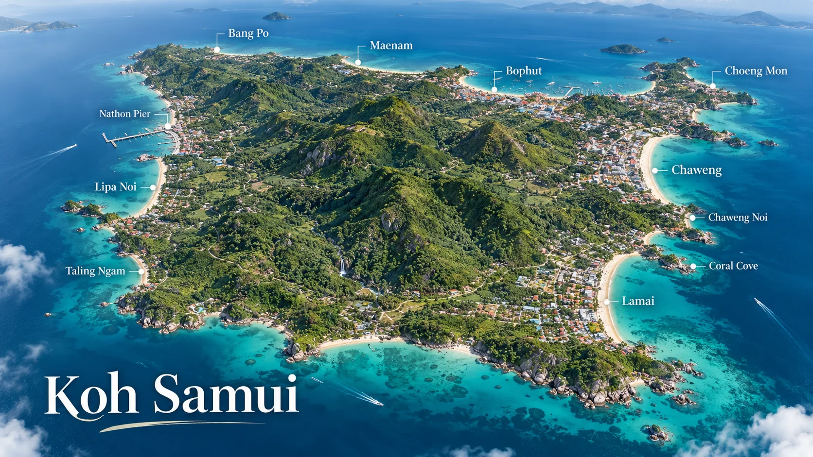 AI-generated aerial illustration of Koh Samui, Thailand, showing a tropical island surrounded by turquoise waters.