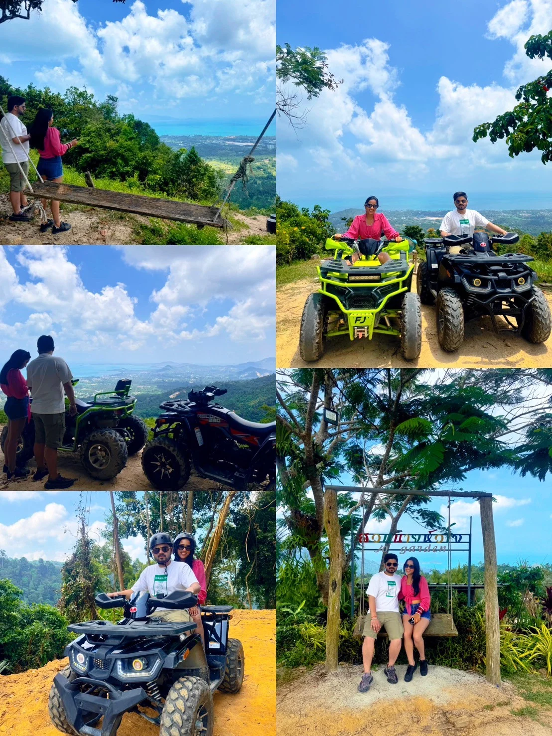 Collage of ATV quad bike adventures on Koh Samui, Thailand, featuring tourists riding off-road vehicles and enjoying scenic coastal viewpoints.